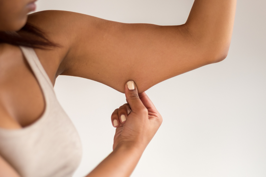 Close up Conscious Young African-American Woman Holding Excess Fat on her Arm Against White Wall Background.