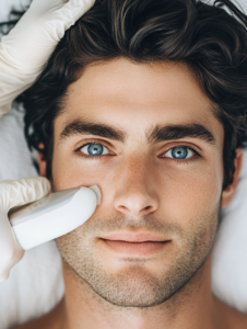 Male bodybuilder with dark hair receiving laser hair removal on his face at Dr. Buckner's office.