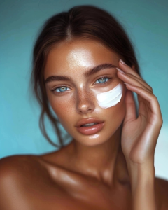 Sunburnt girl with sunscreen under her eye, highlighting the importance of sun protection.