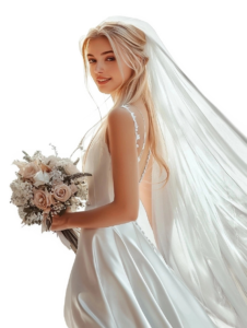 Blushing bride smiling in her wedding dress after glowing skin treatment by Dr. Buckner, expert dermatologist in Los Gatos.