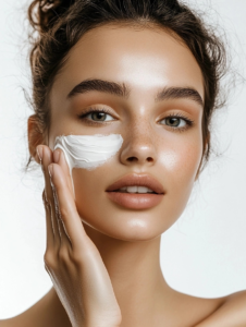 Young woman applying sunscreen under her eye as part of her makeup routine, practicing daily sun protection.
