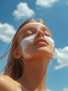 Young woman outdoors with visible sunscreen on her forehead, cheeks, and nose, enjoying the sunshine confidently.