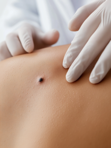 Dermatologist’s hands examining a mole on a patient’s back during a skin check.
