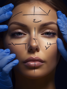 Woman with surgical markings on her face preparing for plastic surgery—part of a transformative journey supported by post-operative dermatology care from Dr. Buckner.