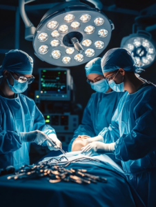 Plastic surgery operation underway in a surgical theater, highlighting the collaborative care journey that includes dermatology support from Dr. Dorothy Buckner.