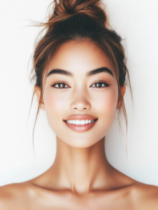 Young Asian woman with radiant, clear skin after successful acne scar treatment by Dr. Dorothy Buckner, Los Gatos dermatologist.