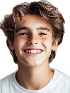 Teenage boy with fair skin and brown hair smiling after successful acne treatment with Dr. Dorothy Buckner, board-certified dermatologist in Los Gatos.