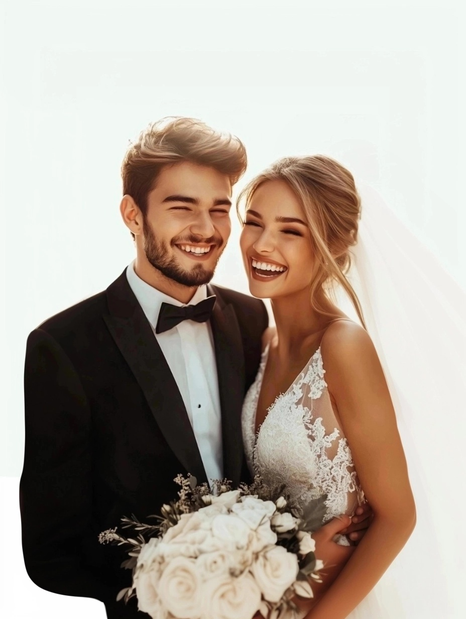 Bride and groom laughing joyfully on their wedding day after glowing skin prep by Dr. Buckner, Los Gatos dermatologist.