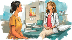 Watercolor illustration of Dr. Dorothy J. Buckner consulting with a patient about cosmetic dermatology in her Los Gatos office