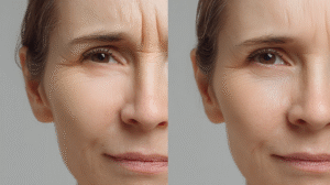Before and after BOTOX® Cosmetic for frown lines. A woman's forehead is shown, with a deep crease between her brows in the before image, which is smooth and relaxed in the after image.
