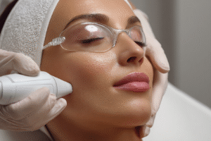 A relaxed female patient receiving a gentle laser facial treatment at Dr. Buckner's dermatology office in Los Gatos.