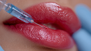 Woman receiving dermal filler injection for lip augmentation at a dermatology clinic in Los Gatos